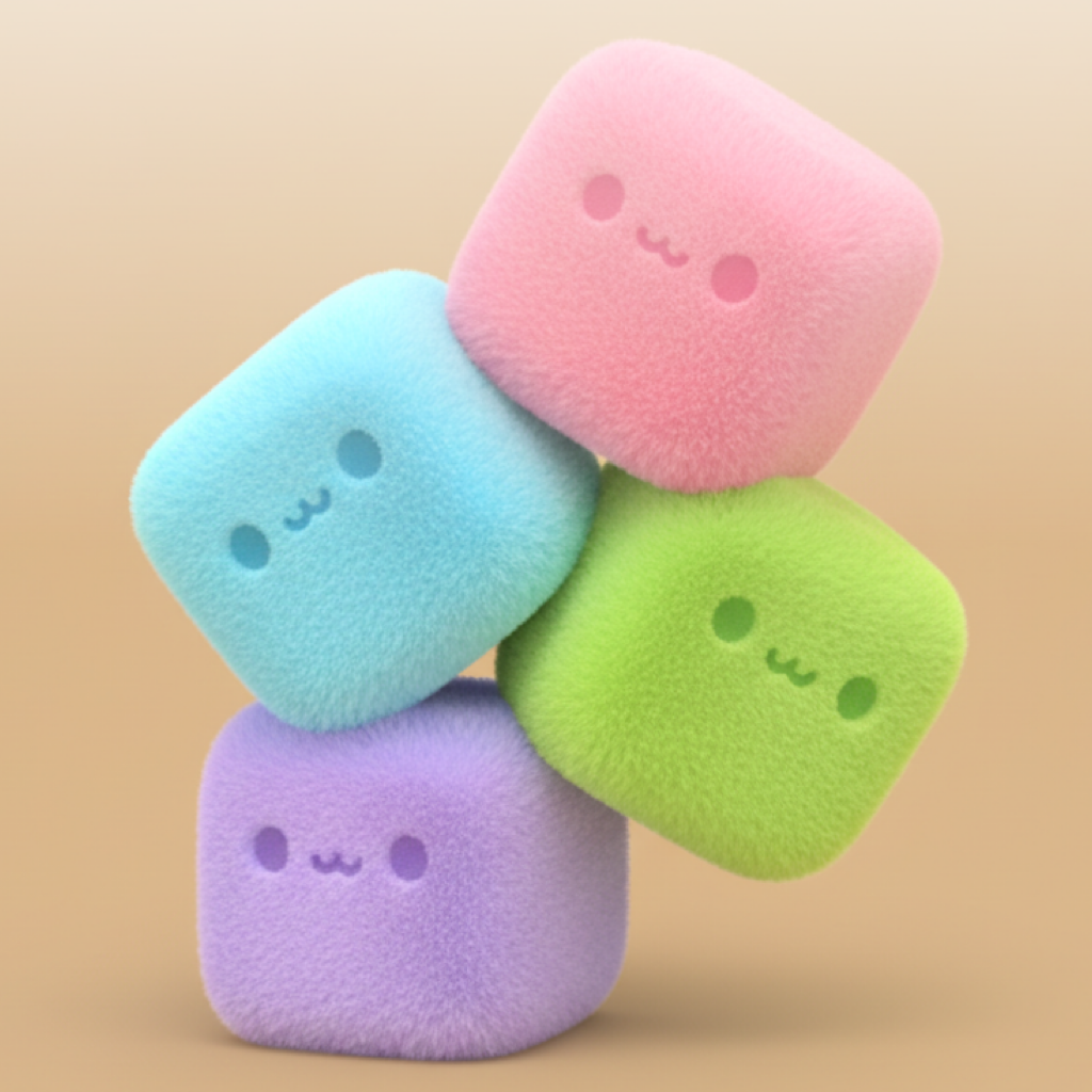 Four fuzzy pastel blocks with small smiling faces, stacked: pink, blue, green and purple